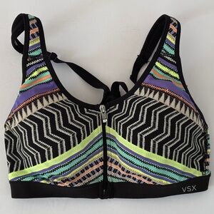 Victoria's Secret VSX Sport Bra 34B Black & Muti-Color Geometric Design EUC
